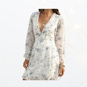 Romantic Mini Dress Long Sleeve Chiffon Floral Print Ruffles